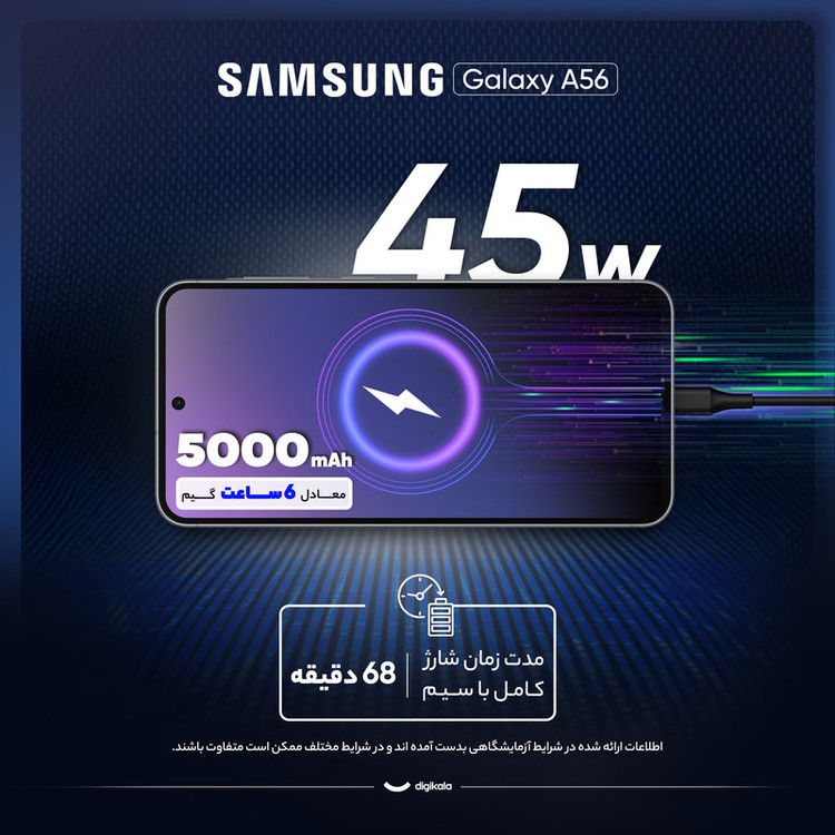 گوشی موبایل سامسونگ مدل Galaxy A56 دو سیم کارت ظرفیت 256 گیگابایت و رم 8 گیگابایت - ویتنام - به همراه شارژر 45 وات سامسونگ