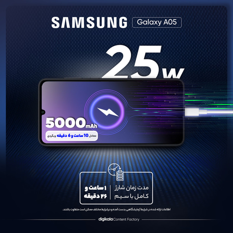 گوشی موبایل سامسونگ مدل Galaxy A05 دو سیم کارت ظرفیت 64 گیگابایت و رم 4 گیگابایت به همراه شارژر سامسونگ