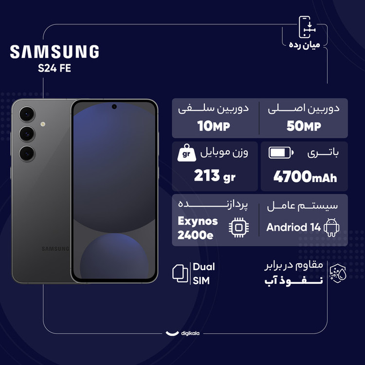 گوشی موبایل سامسونگ مدل S24 FE دو سیم کارت ظرفیت 256 گیگابایت و رم 8 گیگابایت - ویتنام - به همراه هدیه شارژر 45 واتی سامسونگ همراه با کابل تبدیل 1.8 متری USB-C، هدفون بلوتوثی انکر مدل Soundcore R50i، محافظ صفحه نمایش و قاب ژلهای