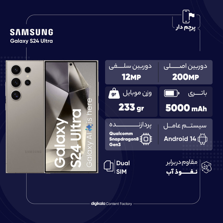 گوشی موبایل سامسونگ مدل Galaxy S24 Ultra دو سیم کارت ظرفیت 256 گیگابایت و رم 12 گیگابایت به همراه شارژر سامسونگ - ویتنام