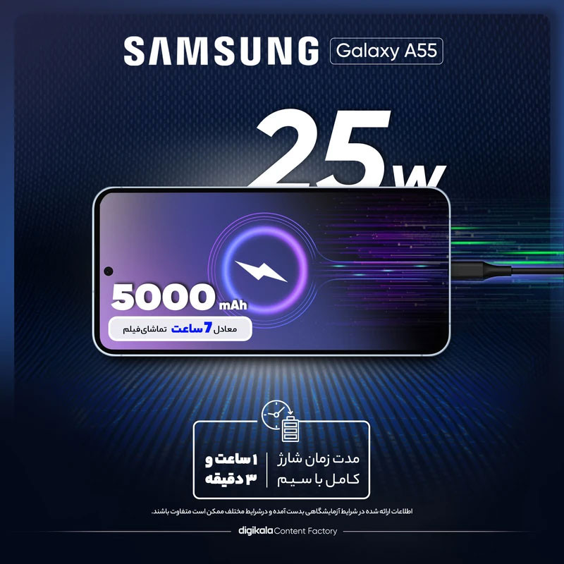 گوشی موبایل سامسونگ مدل Galaxy A55 دو سیم کارت ظرفیت 256 گیگابایت و رم 8 گیگابایت به همراه شارژر 25وات سامسونگ - ویتنام