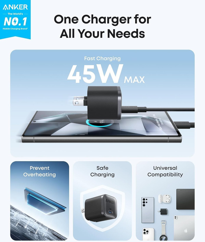 شارژر دیواری انکر مدل A2692 توان ۴۵ وات USB-C