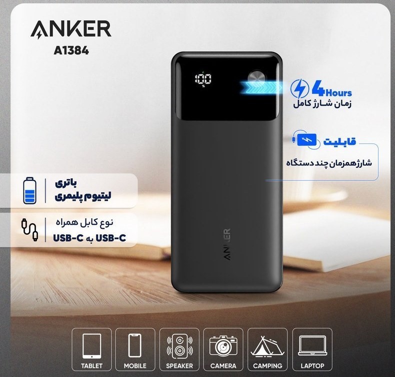 پاوربانک انکر مدل A1384 ظرفیت ۲۰۰۰۰ میلی آمپر ساعت فست شارژ ۳۰ وات