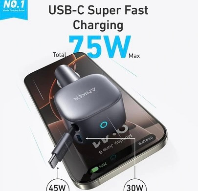 شارژر فندکی انکر مدل A2738 توان ۷۵ وات با دو پورت USB